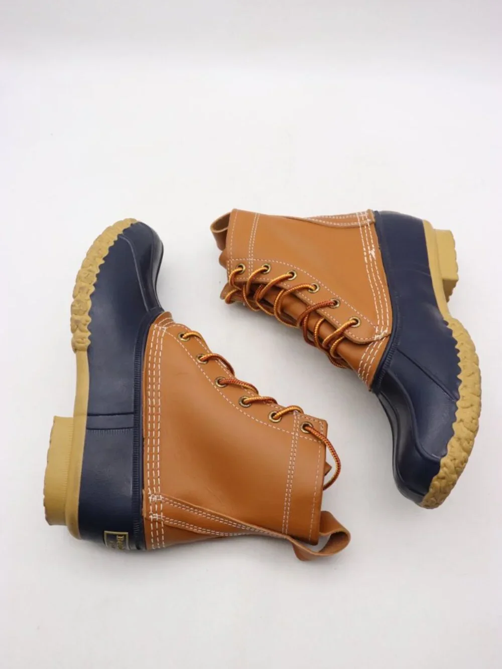 L. L.Bean Duck Rubber Boots Men's Size 9 M Tan Navy Blue Shoes Made In USA